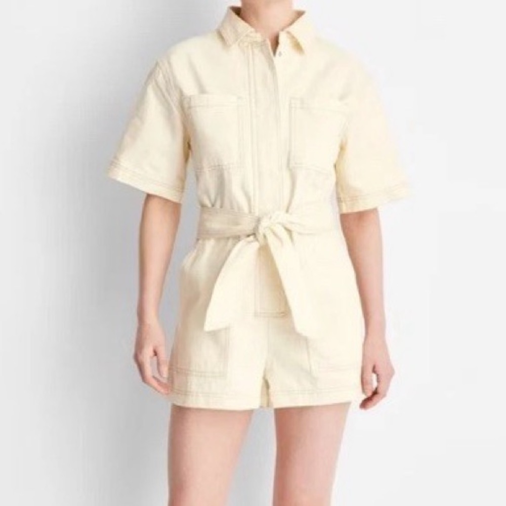 Target future collective Cream denim Tie-Waist Short Sleeve Romper size S